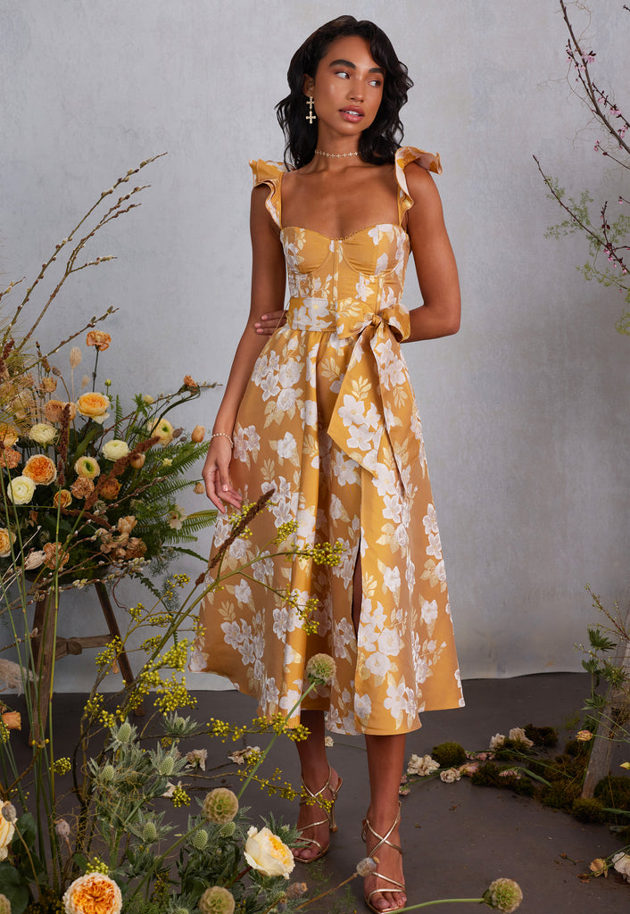 The Vera Dress in Gold Baroque Floral – V. Chapman