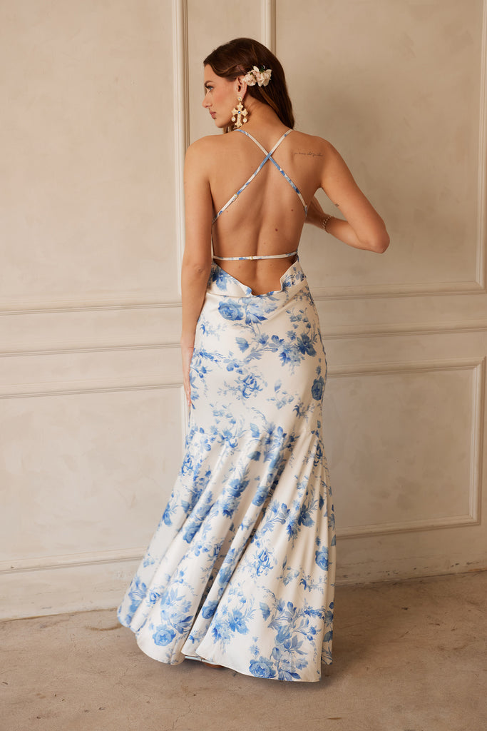 Back view of model wearing The Isla Dress in Provencal Blue Floral