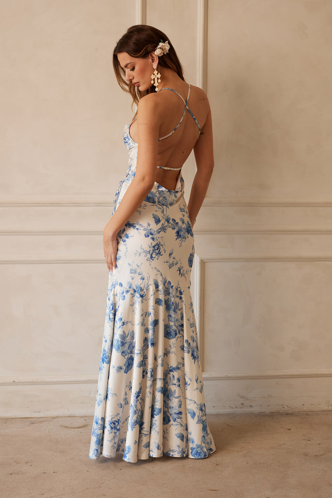Back view of model wearing The Isla Dress in Provencal Blue Floral