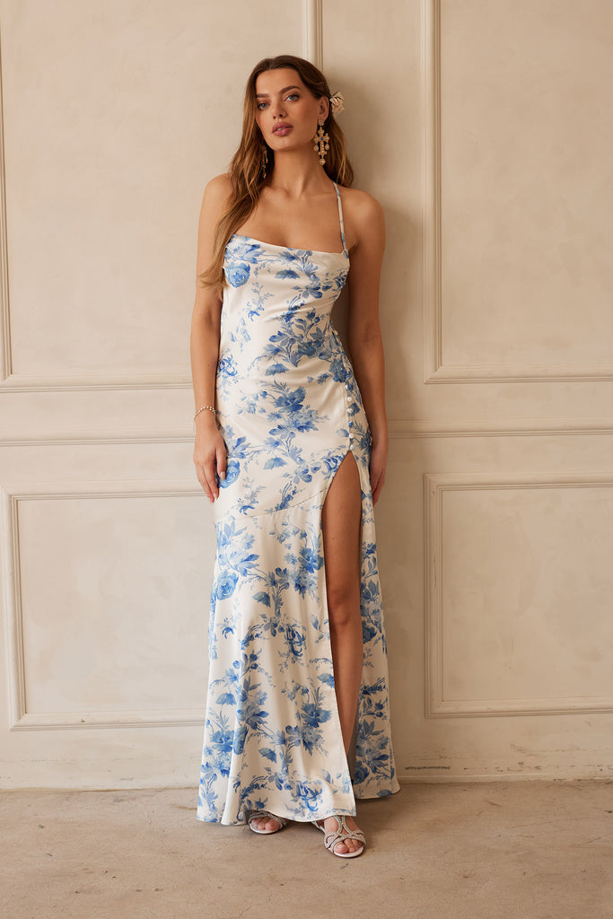 Full front view of model wearing The Isla Dress in Provencal Blue Floral
