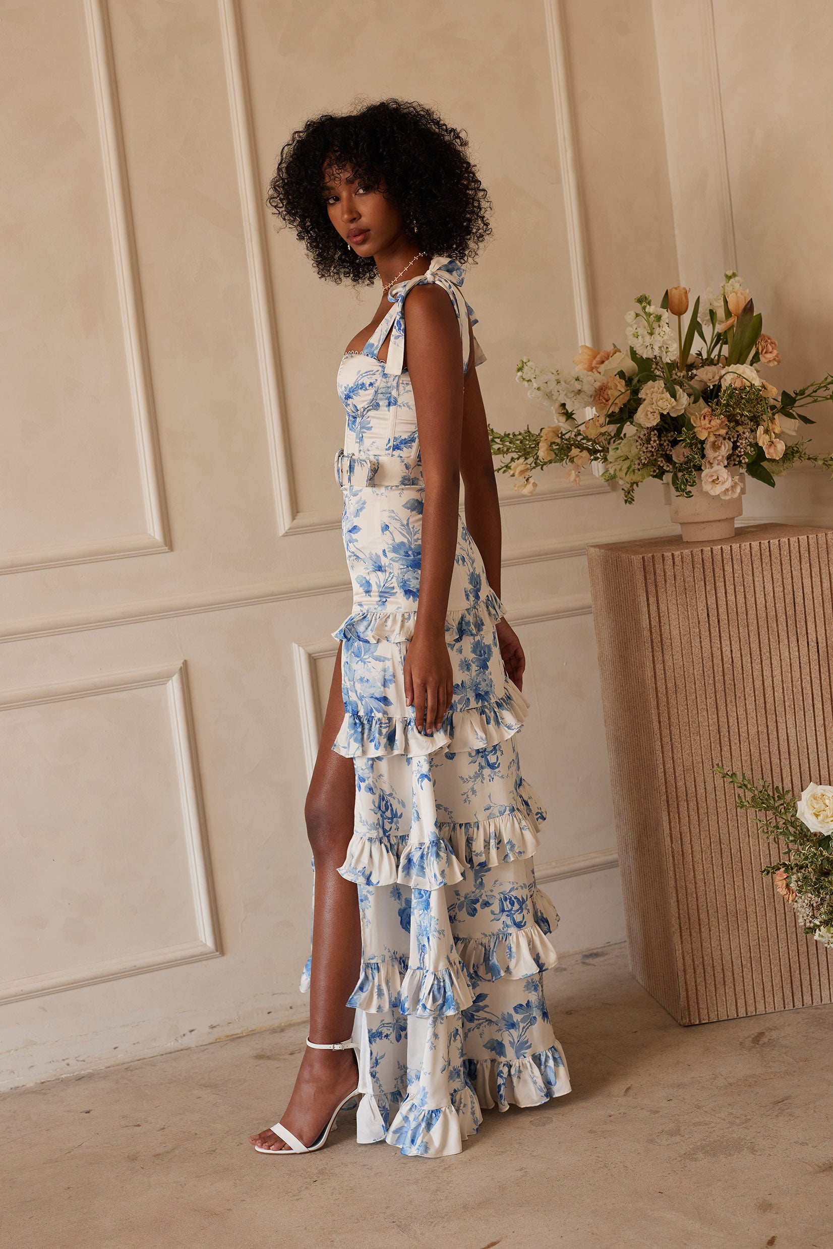 fiorenza midi dress in provencal blue floral v chapman V. Chapman Fiorenza Midi Dress in Provencal Blue Floral